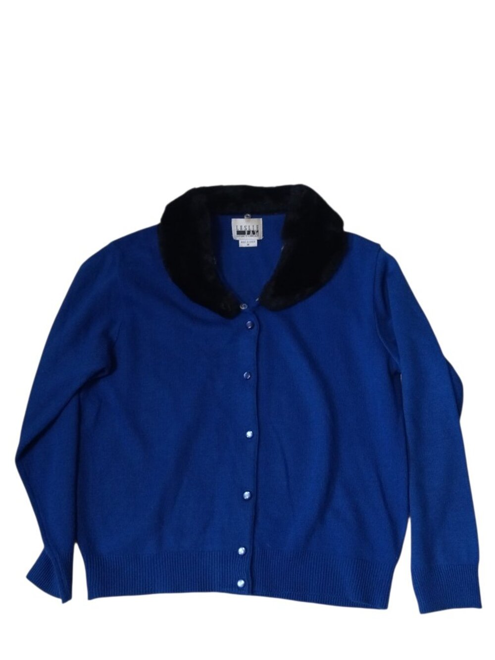 Leslie Fay Women's Medium Blue knit Cardigan Faux Fur Detachable Collar Vintage